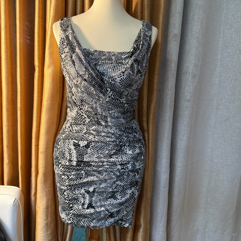 Express Sexy Snake Print Sheer Mesh Over Sequin Underlayer Cocktail Dress